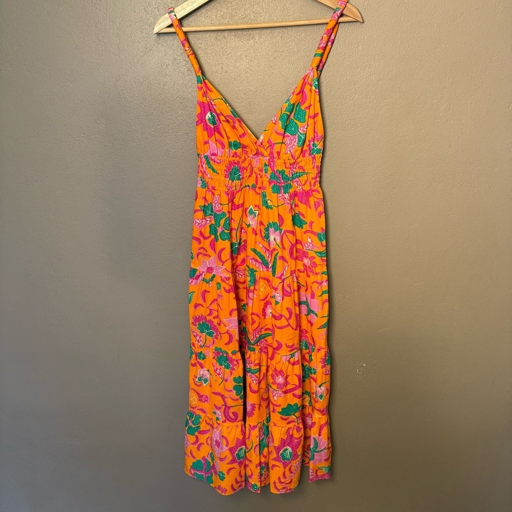 10 Crosby Derek Lam Cecelia Tiered Printed Linen-blend Orange Midi Dress Size 4 - Picture 7 of 16